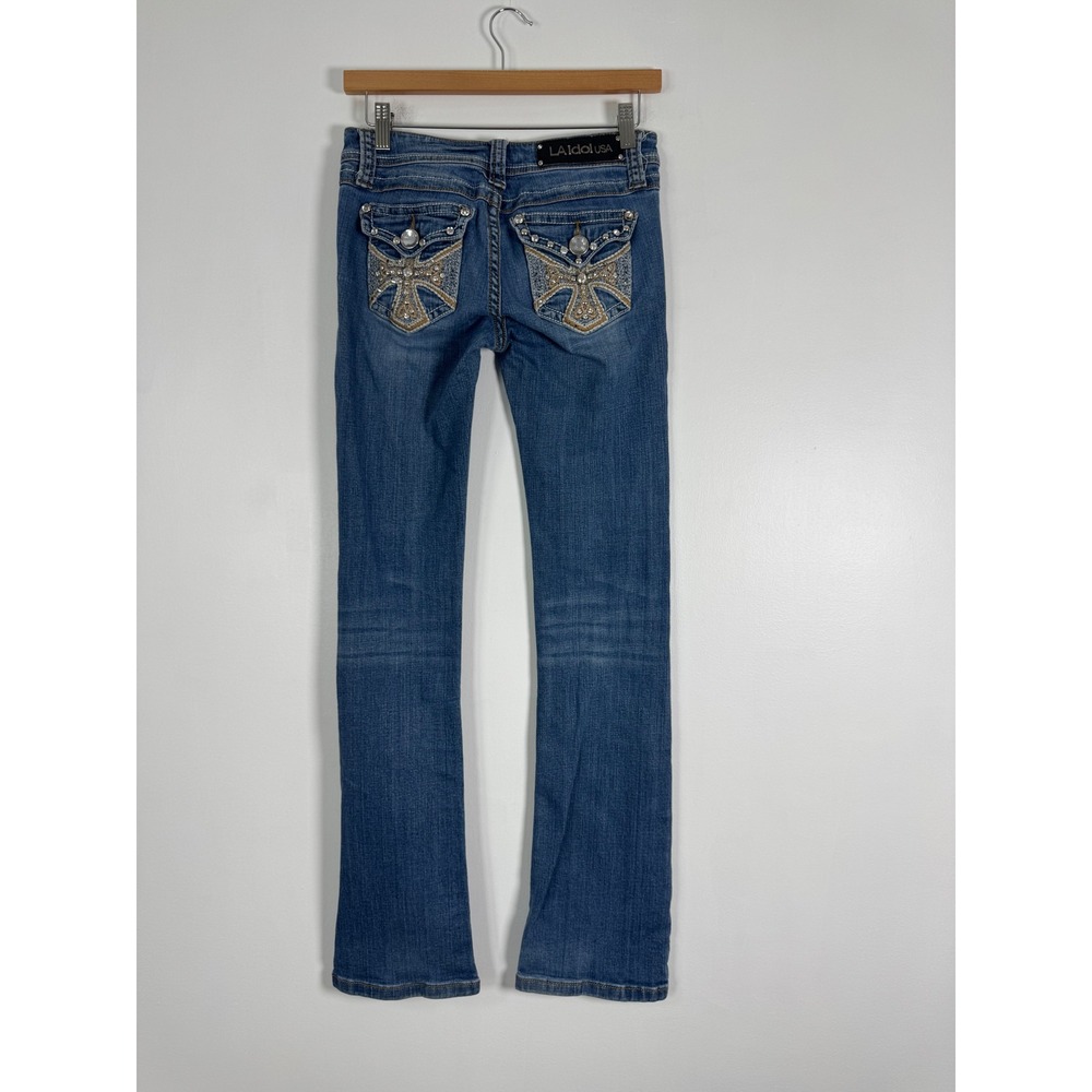 Y2K McBling L.A. Idol Women Size 3 Slim Bootcut Jeans Blue Cross Rhinestone Lace - Picture 2 of 10
